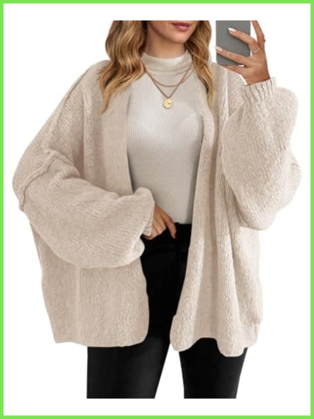 Oversized Open Front Knit Cardigan Long Lantern Sleeve Loose Fit